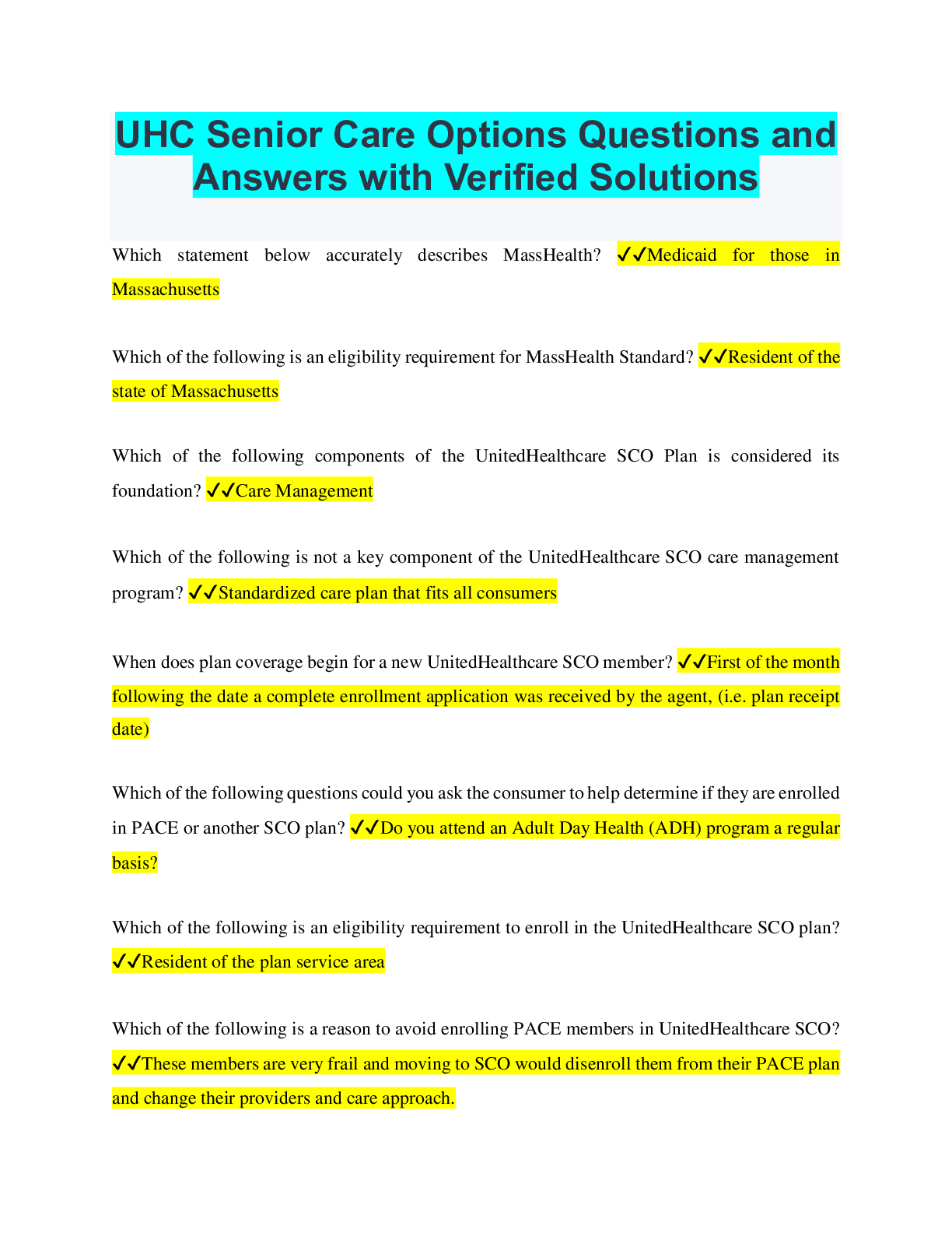 Preview image for UHC Senior Care Options Questions and Answers with Verified Solutions